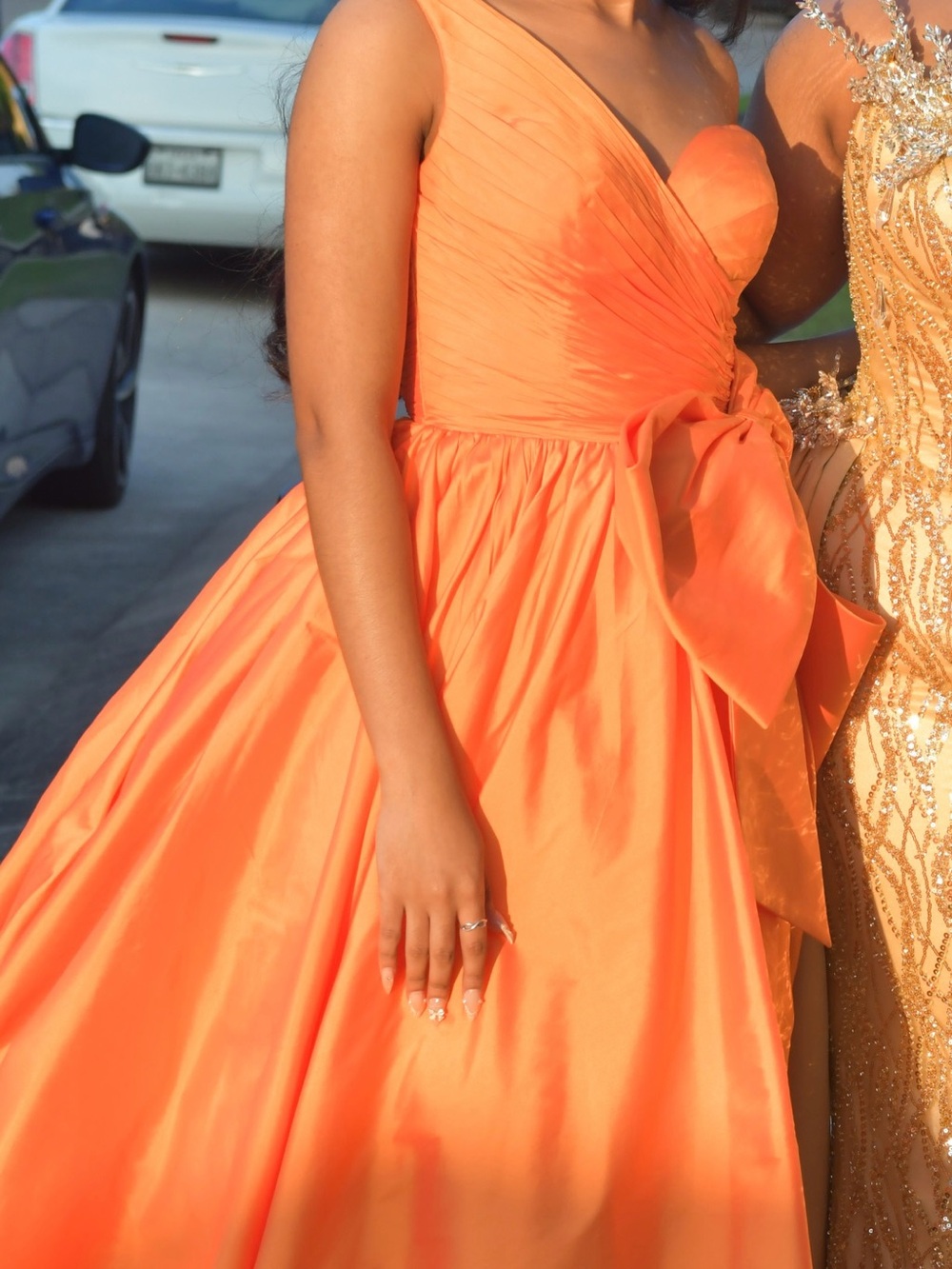 Sherri Hill Orange One-Shoulder Ball Gown with Bow
